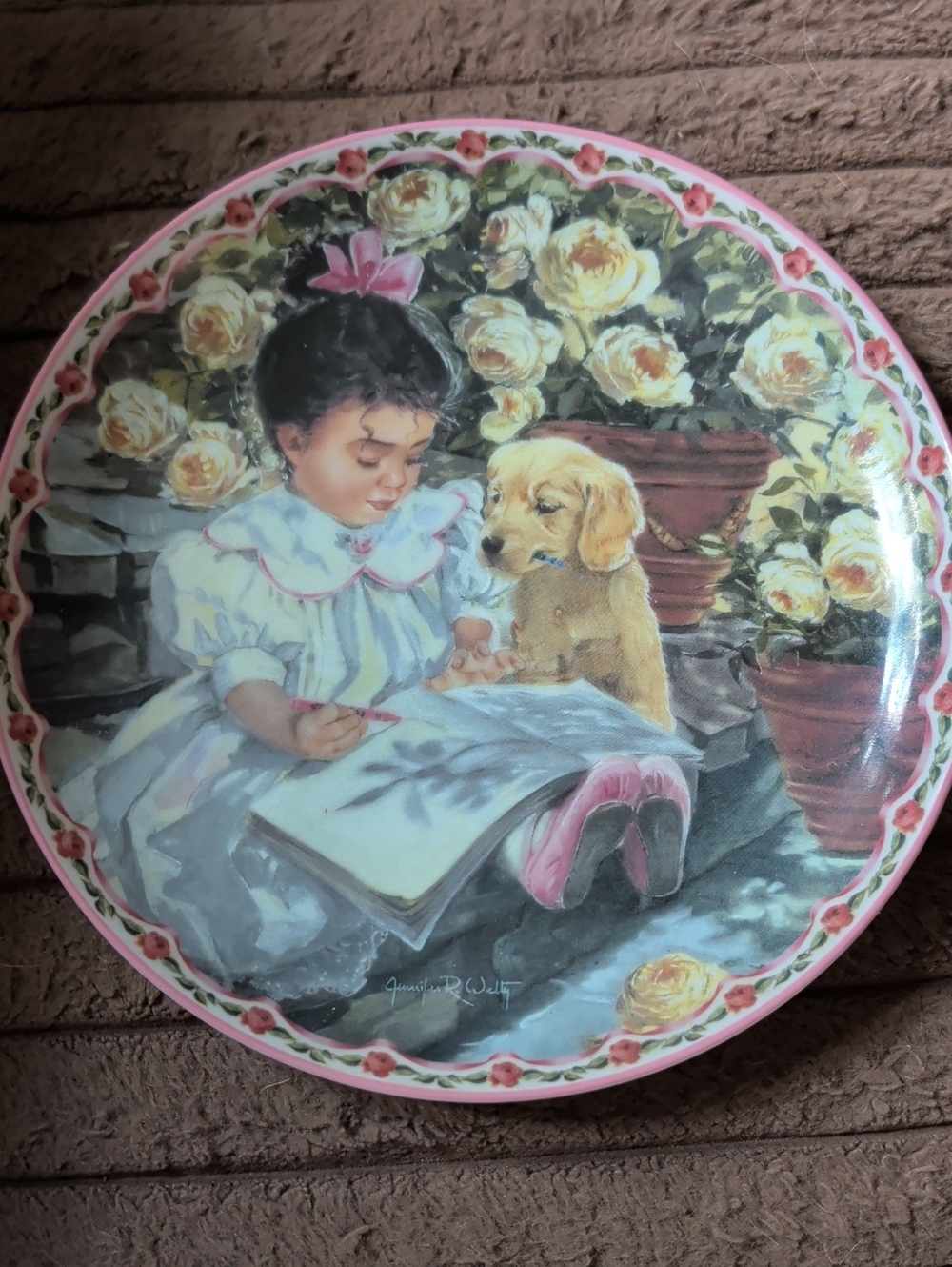 Vintage-Style Girl and Puppy Decorative Wall Plate - Pink Accents